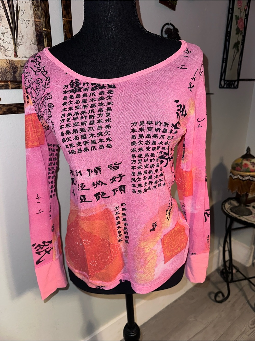 Vintage Cruz Natori Pink Orange Asian Graphic Mesh Sheer Stretch Long-Sleeve Top